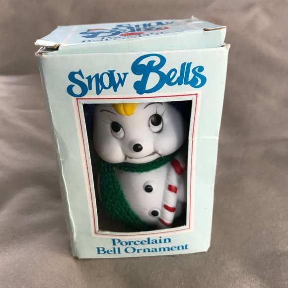 Snow Bells Vintage Ornament Snowman bell with candy cane, knit scarf, and hat - Picture 1 of 7
